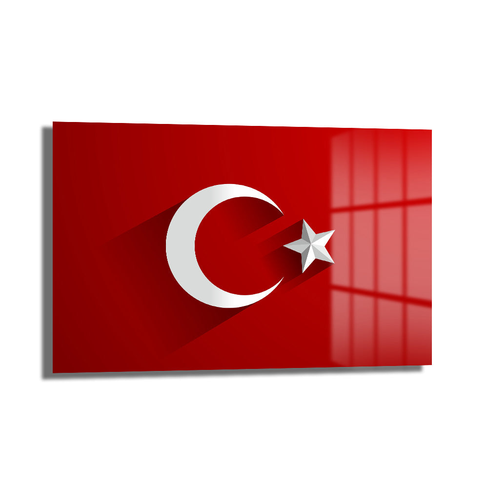 Milli Gururun Yansıması: Türk Bayrağı 4mm Temperli Cam Tablo, kırmızı zemin üzerinde beyaz ay yıldız motifli, dayanıklı ve modern bir duvar dekorasyon ürünüdür.