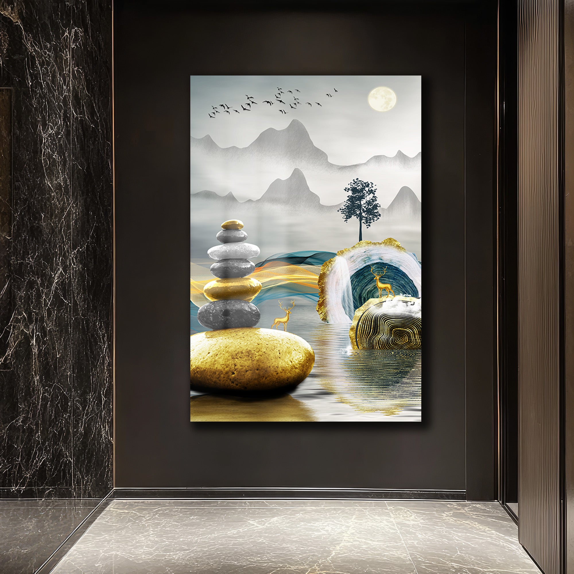 Zen Dengesi ve Altın Geyikler Modern Manzara Cam Tablo