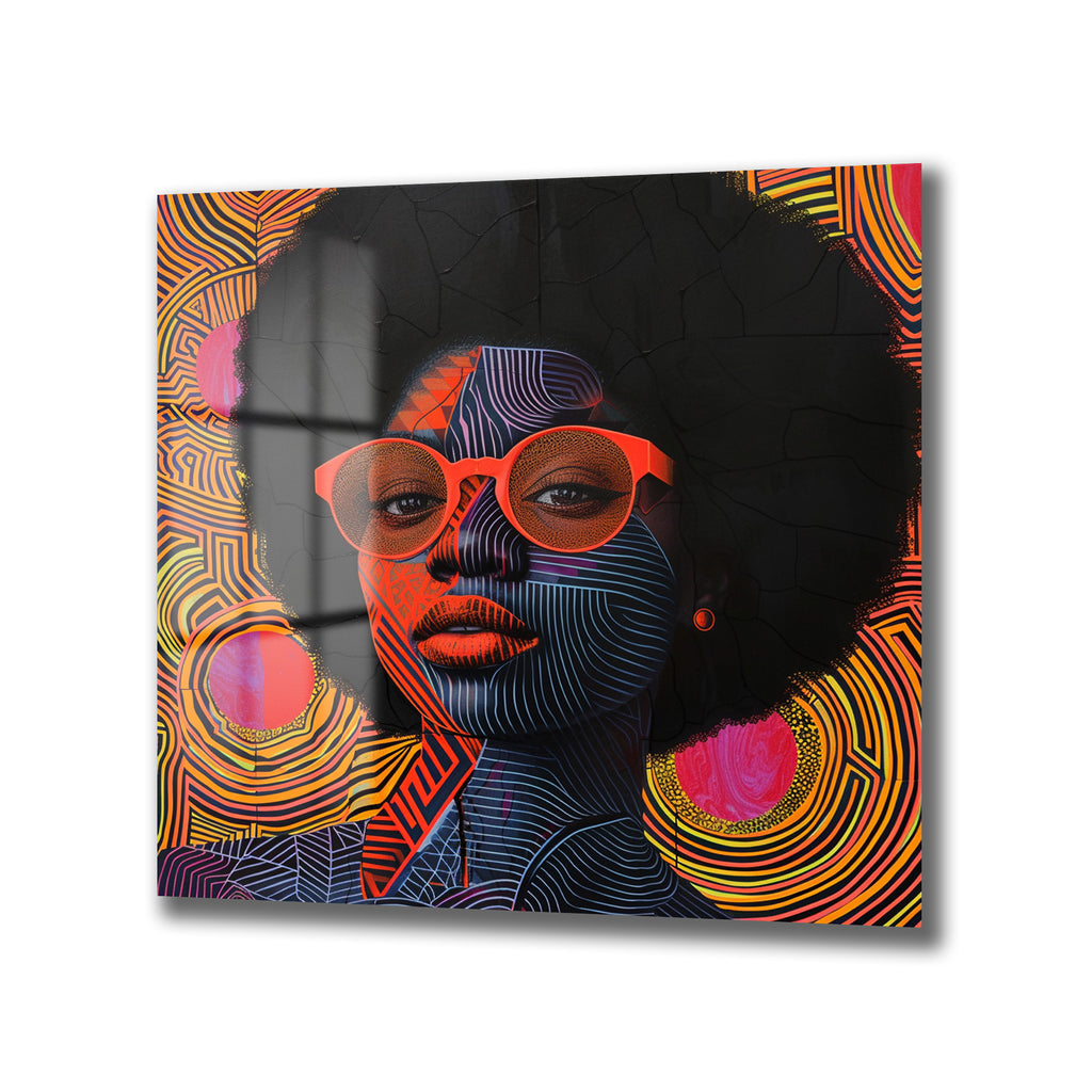 Vibrant Afro Stil Kadın Portresi Modern Cam Tablo