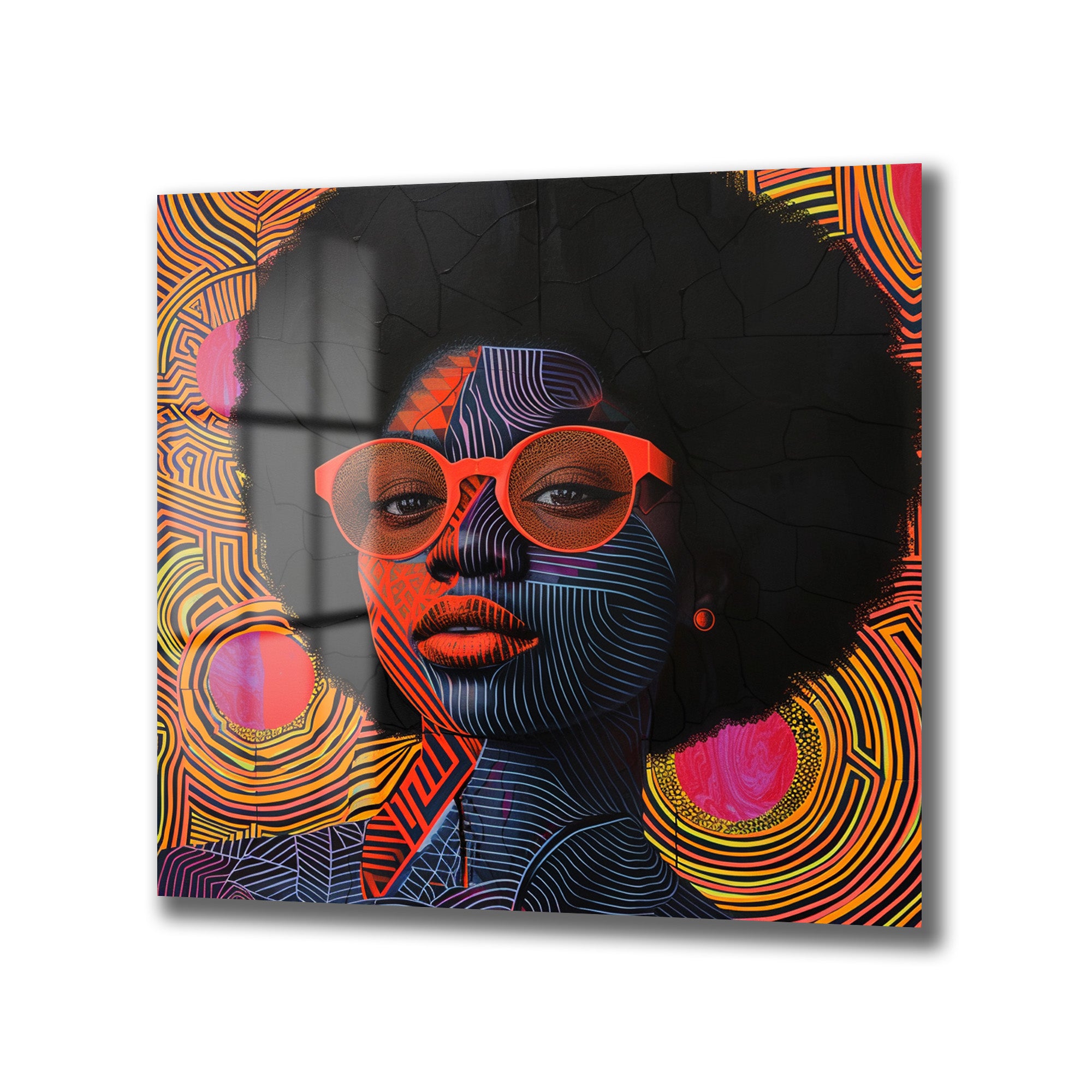 Vibrant Afro Stil Kadın Portresi Modern Cam Tablo