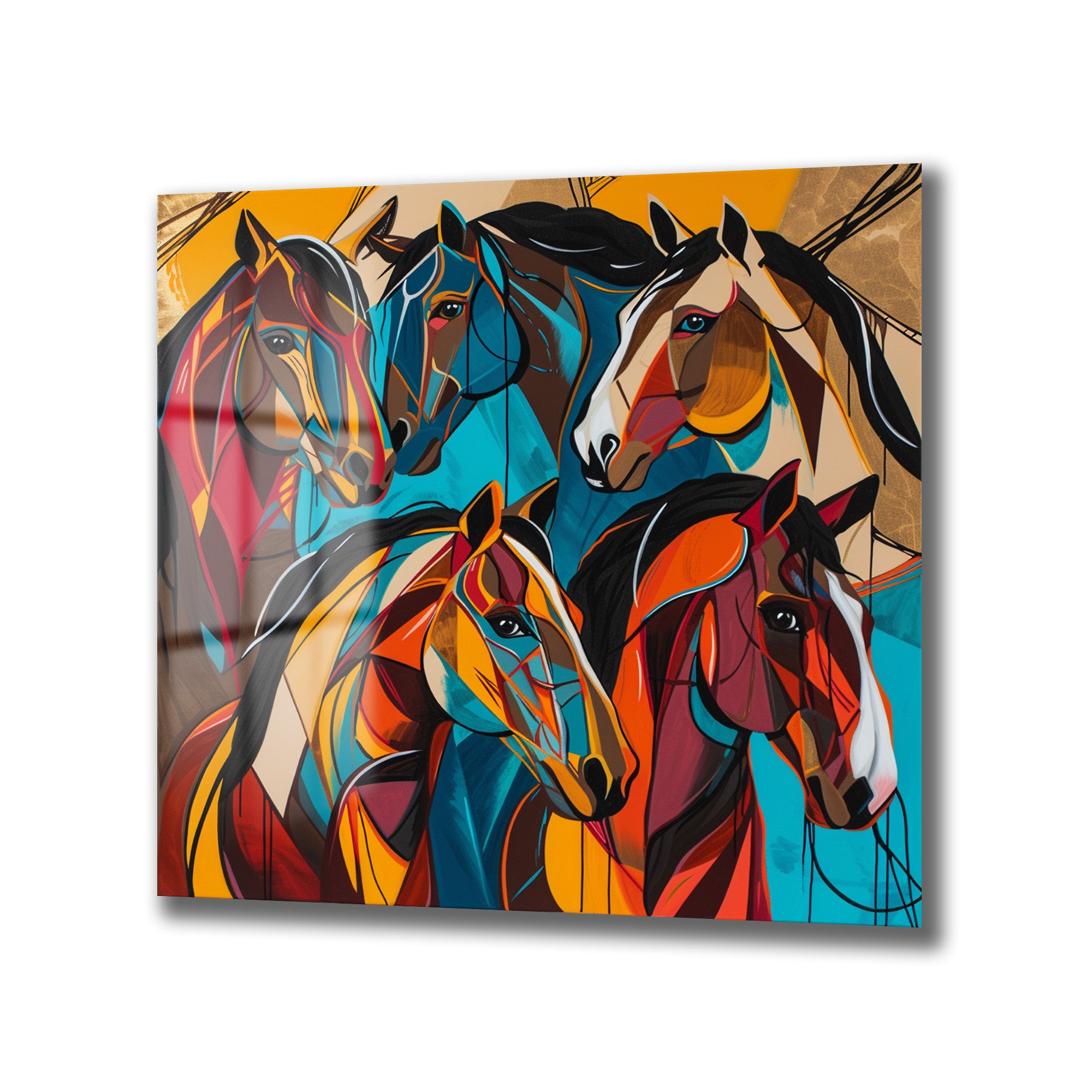 Dinamik Atlar Soyut Sanat Cam Tablo
