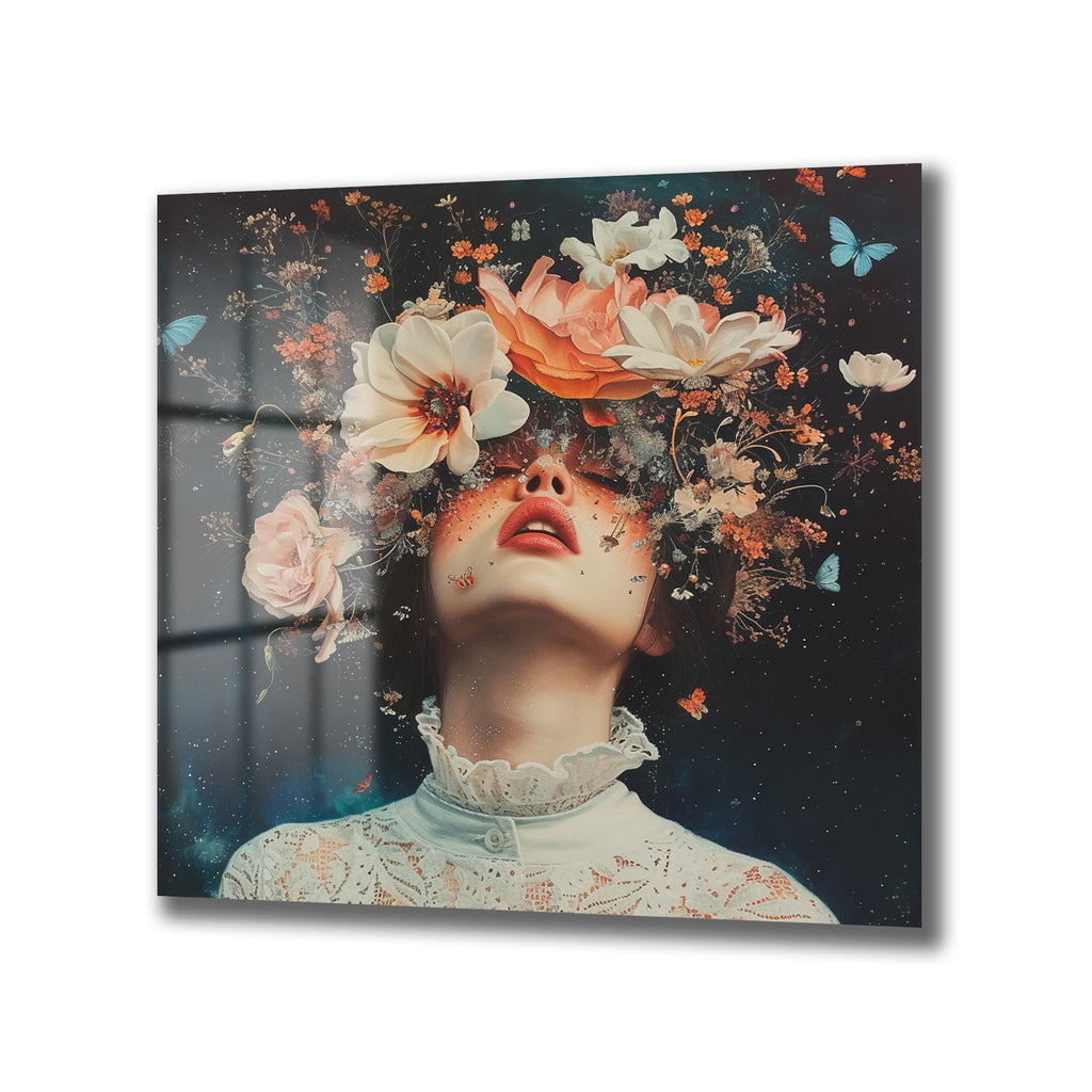 Ethereal Çiçeklerin Dansı: Gizemli Kadın Cam Tablo