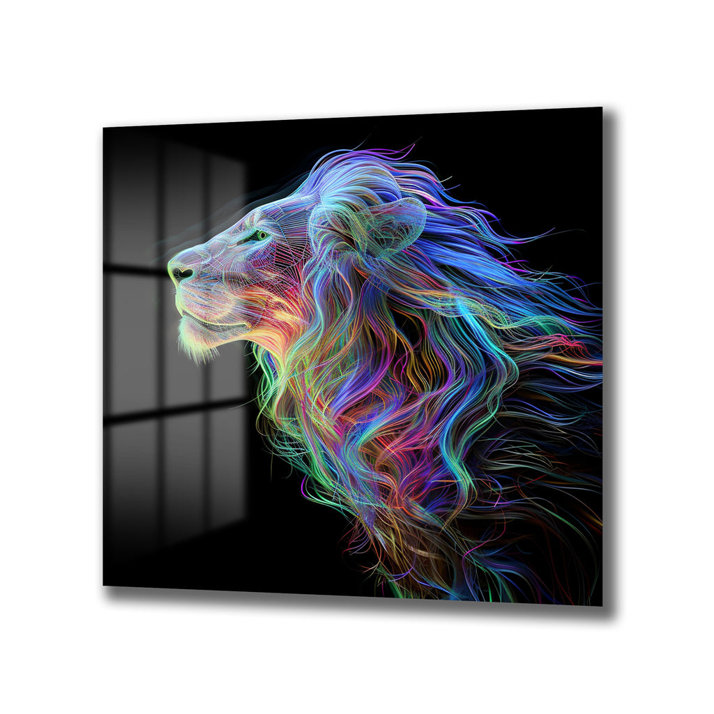 Majestik Neon Aslan Dijital Sanat Cam Tablo