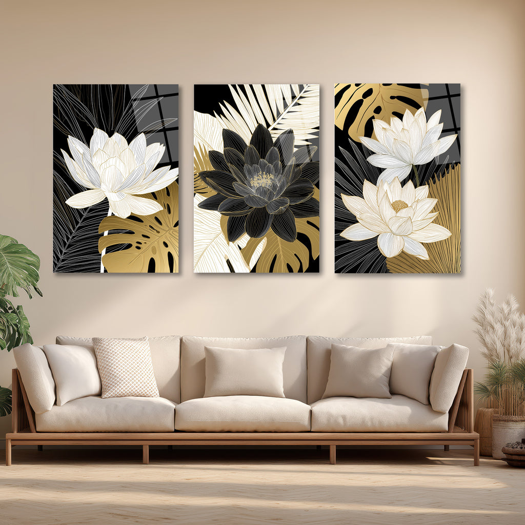 Asil Lotus ve Tropikal Yapraklar 3'lü Lüks Cam Tablo Seti Üçlü Set