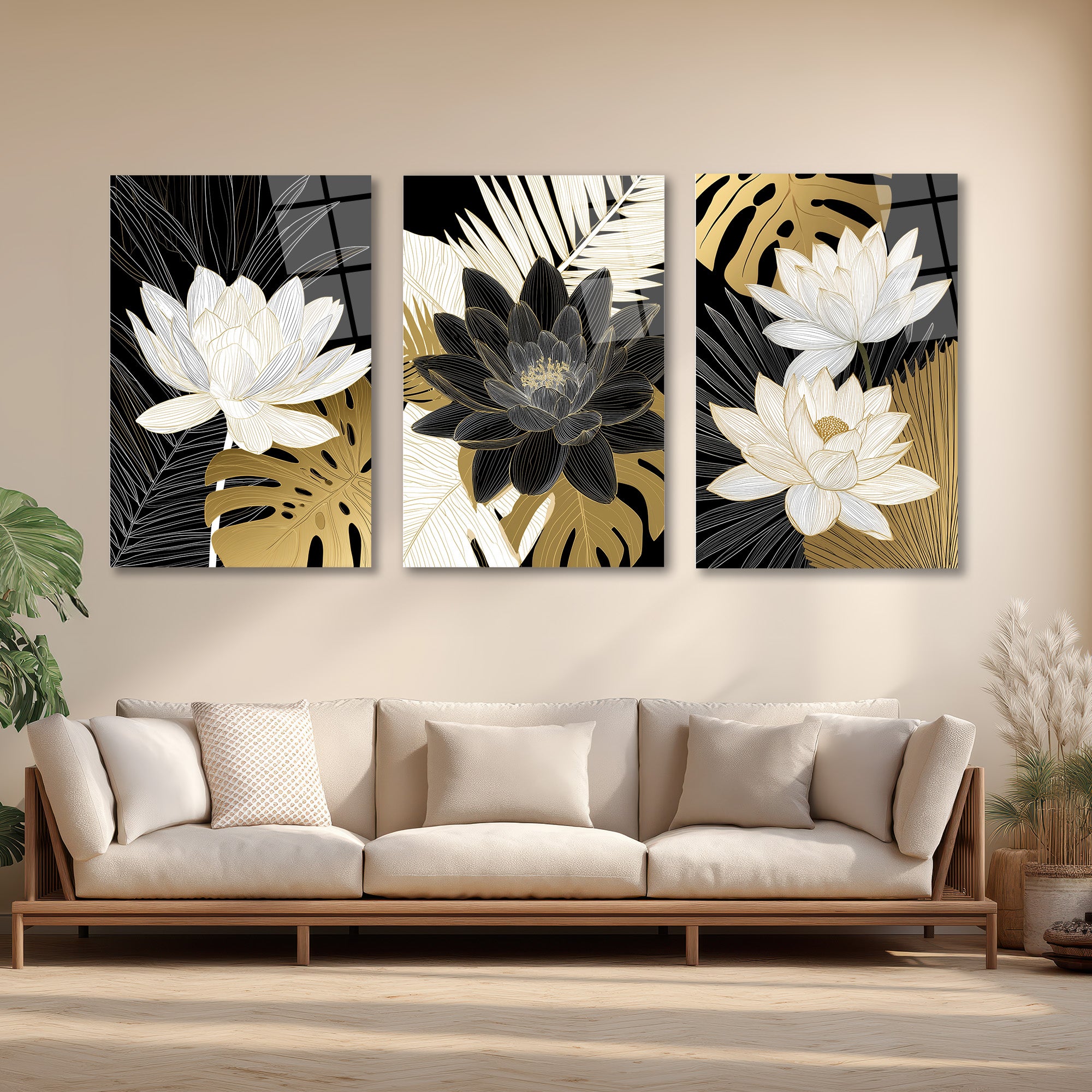 Asil Lotus ve Tropikal Yapraklar 3'lü Lüks Cam Tablo Seti Üçlü Set