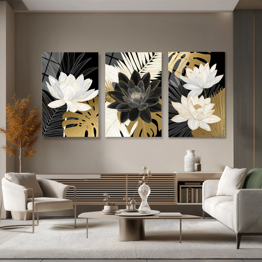 Asil Lotus ve Tropikal Yapraklar 3'lü Lüks Cam Tablo Seti Üçlü Set