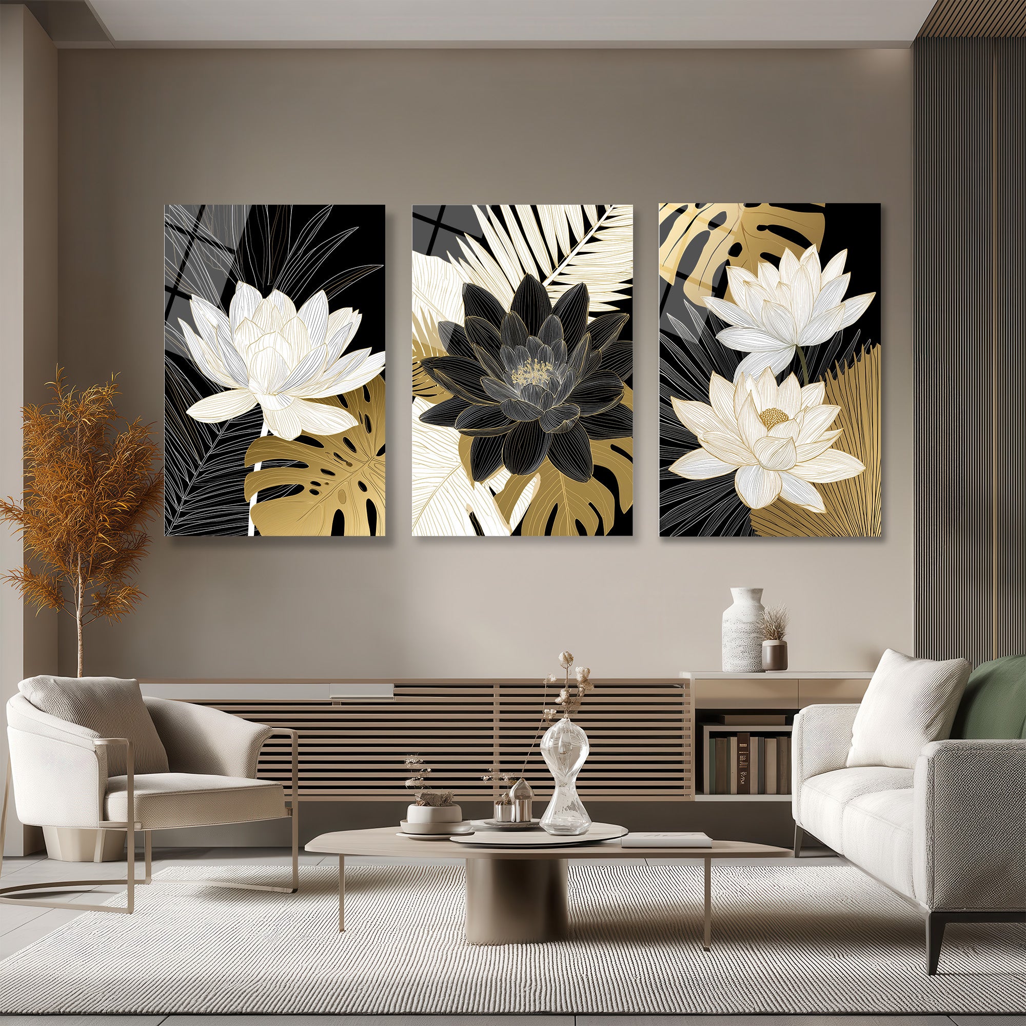 Asil Lotus ve Tropikal Yapraklar 3'lü Lüks Cam Tablo Seti Üçlü Set