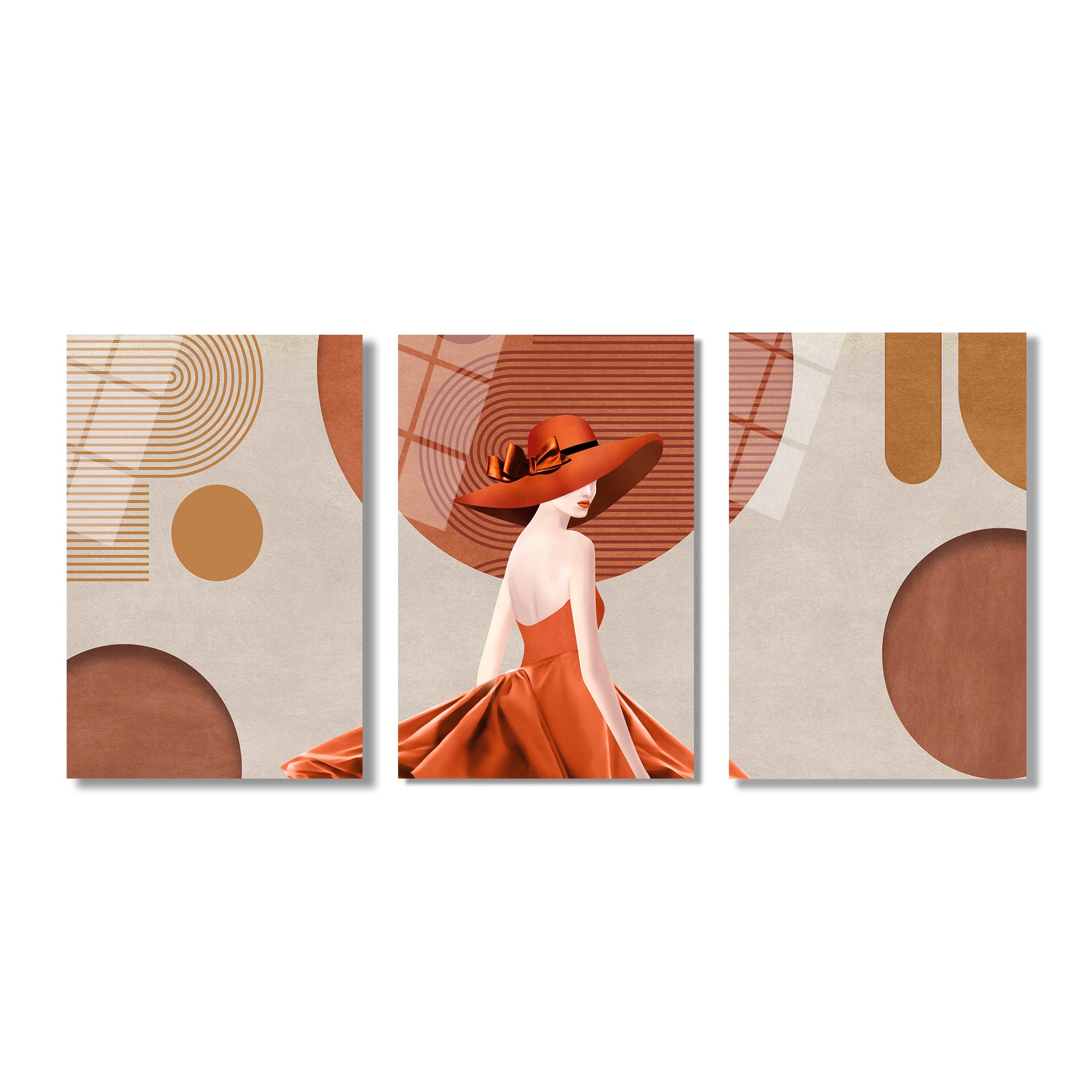 Modern Zarafet: Terracotta Tonlarında Şık Kadın ve Soyut Desenler 3'lü Cam Tablo Üçlü Set