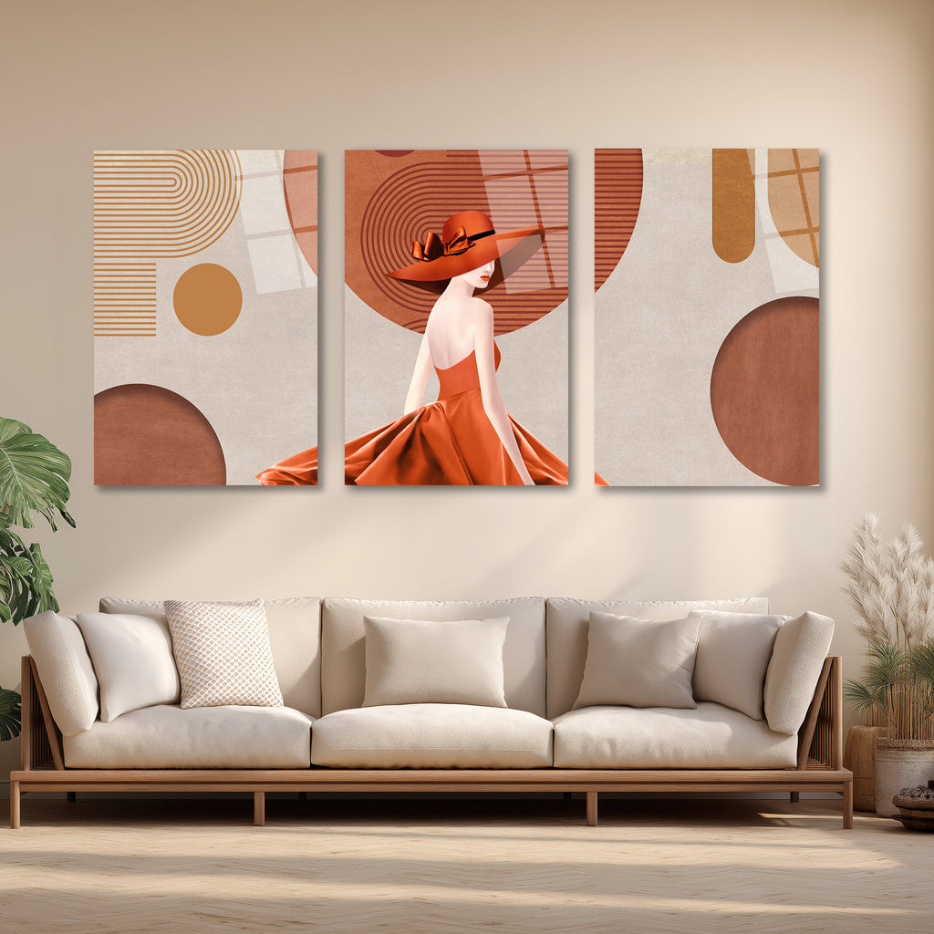 Modern Zarafet: Terracotta Tonlarında Şık Kadın ve Soyut Desenler 3'lü Cam Tablo Üçlü Set