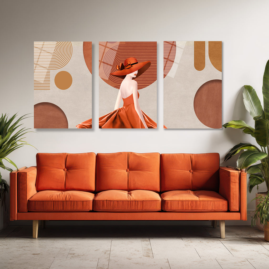 Modern Zarafet: Terracotta Tonlarında Şık Kadın ve Soyut Desenler 3'lü Cam Tablo Üçlü Set