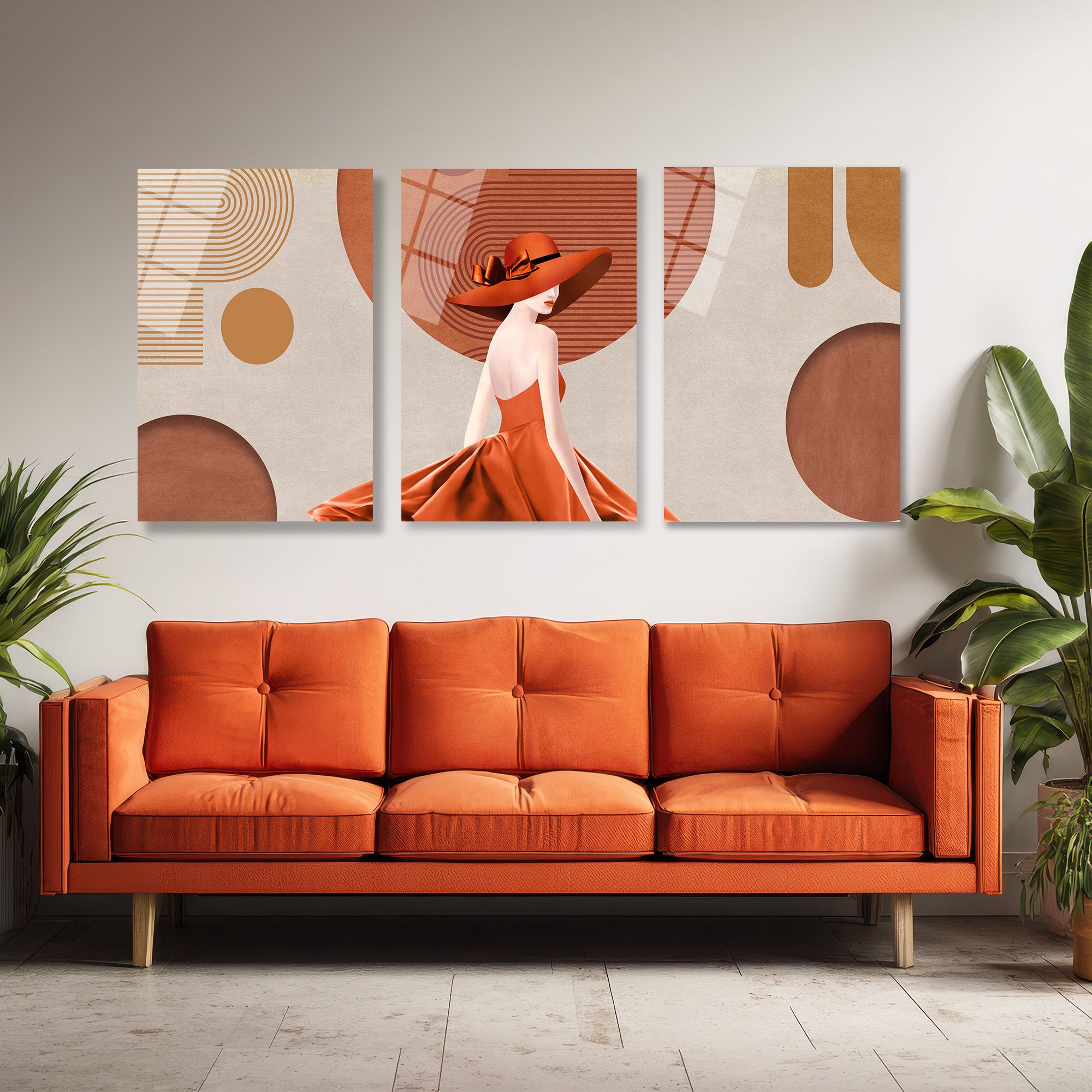 Modern Zarafet: Terracotta Tonlarında Şık Kadın ve Soyut Desenler 3'lü Cam Tablo Üçlü Set