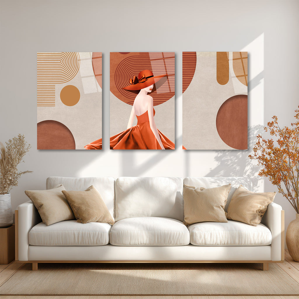 Modern Zarafet: Terracotta Tonlarında Şık Kadın ve Soyut Desenler 3'lü Cam Tablo Üçlü Set