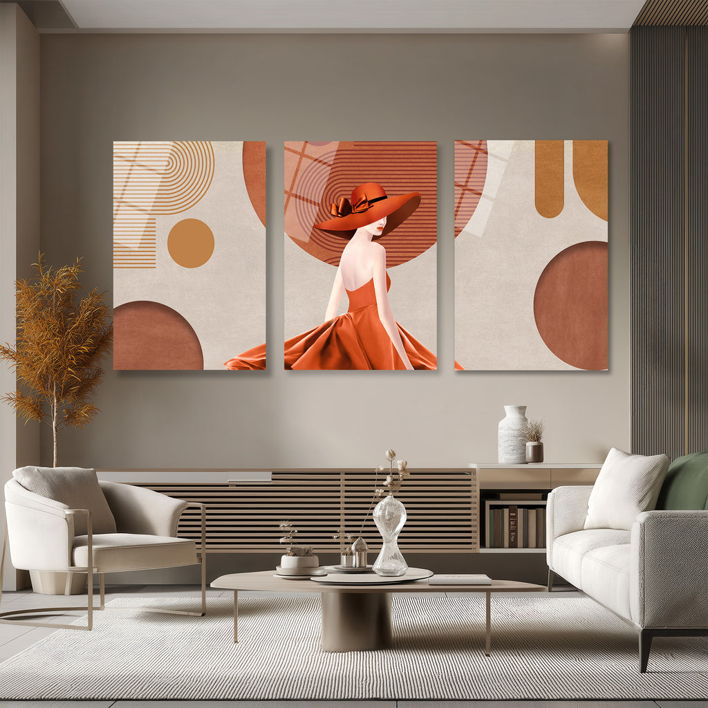 Modern Zarafet: Terracotta Tonlarında Şık Kadın ve Soyut Desenler 3'lü Cam Tablo Üçlü Set