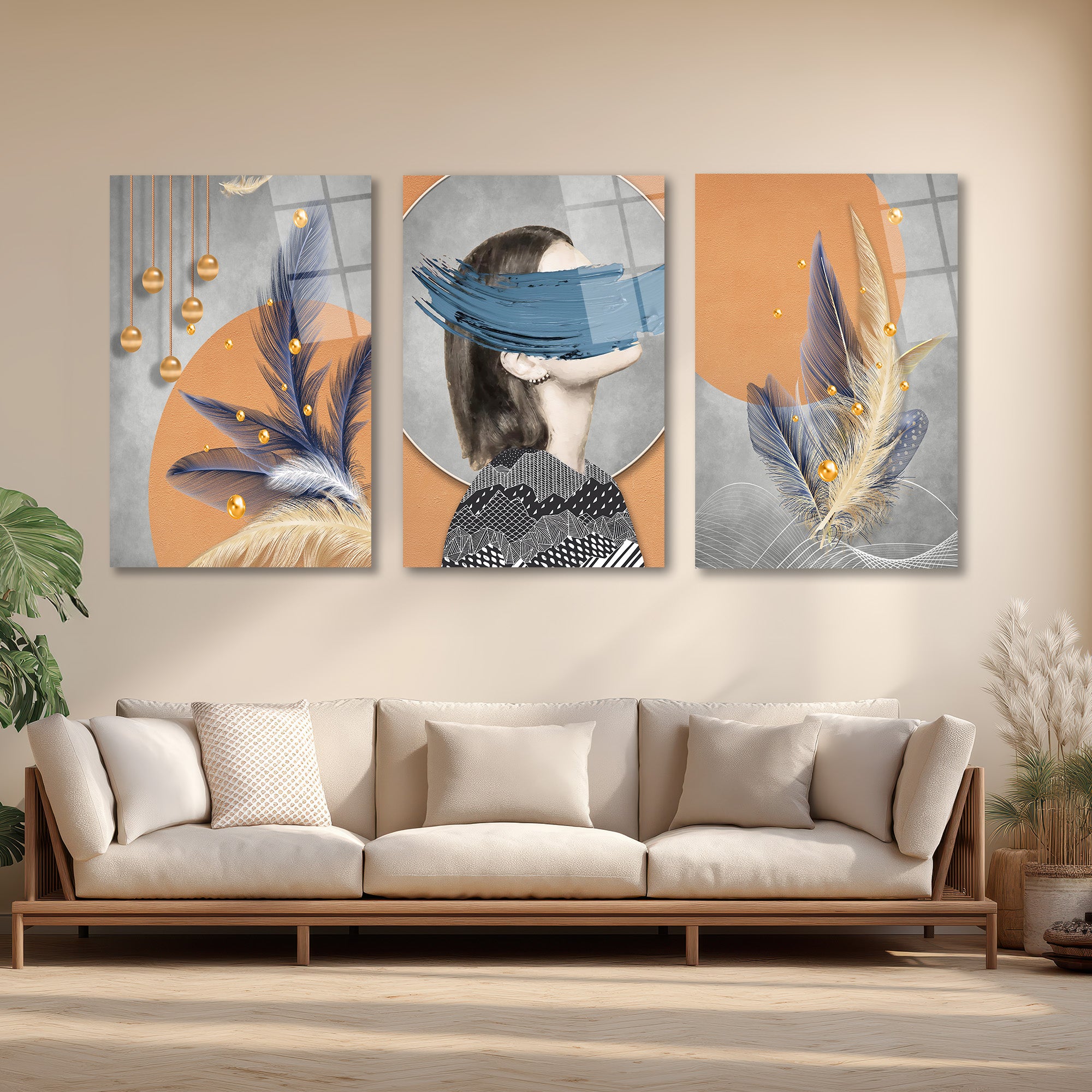 Gizemli Bakışlar ve Tüylerle Modern Sanat 3'lü Cam Tablo Seti Üçlü Set