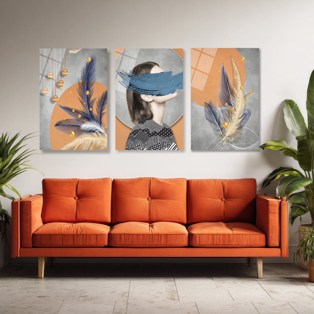 Gizemli Bakışlar ve Tüylerle Modern Sanat 3'lü Cam Tablo Seti Üçlü Set
