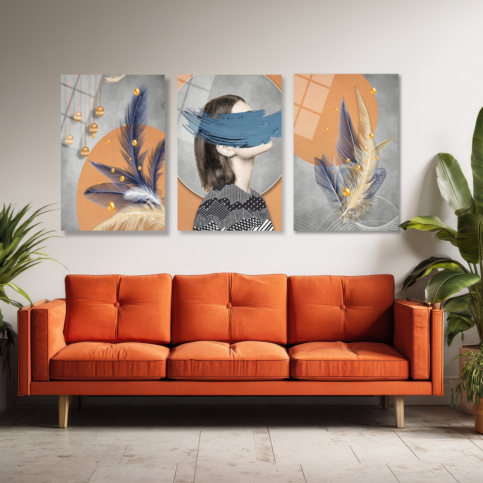 Gizemli Bakışlar ve Tüylerle Modern Sanat 3'lü Cam Tablo Seti Üçlü Set