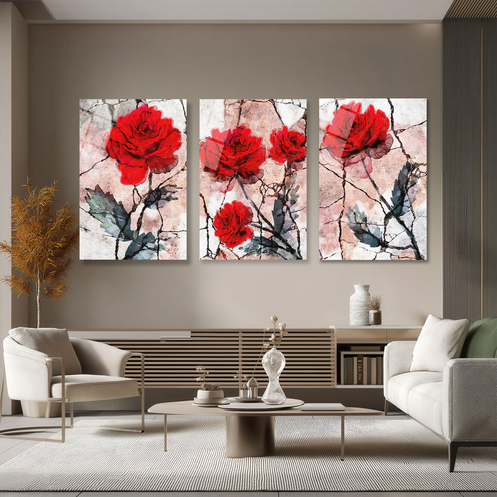 Kırmızı Güller Soyut Sanat 3'lü Cam Tablo Seti Üçlü Set