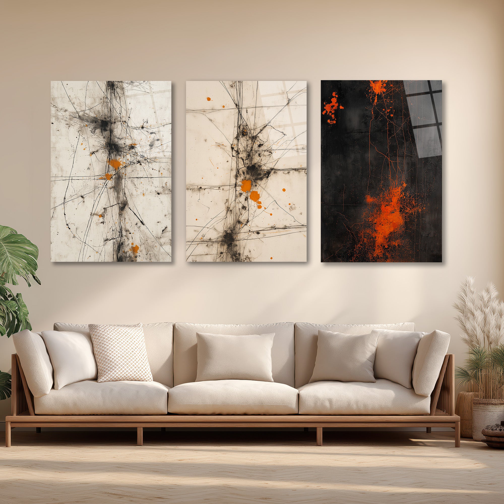 Enerjik Sıçramalar Cam Tablo Üçlüsü - Modern Soyut Sanat Üçlü Set