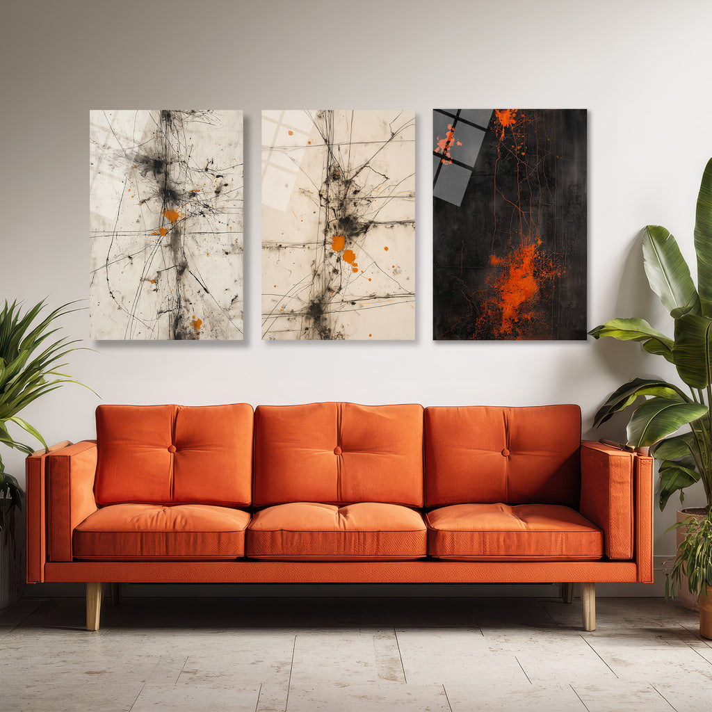 Enerjik Sıçramalar Cam Tablo Üçlüsü - Modern Soyut Sanat Üçlü Set