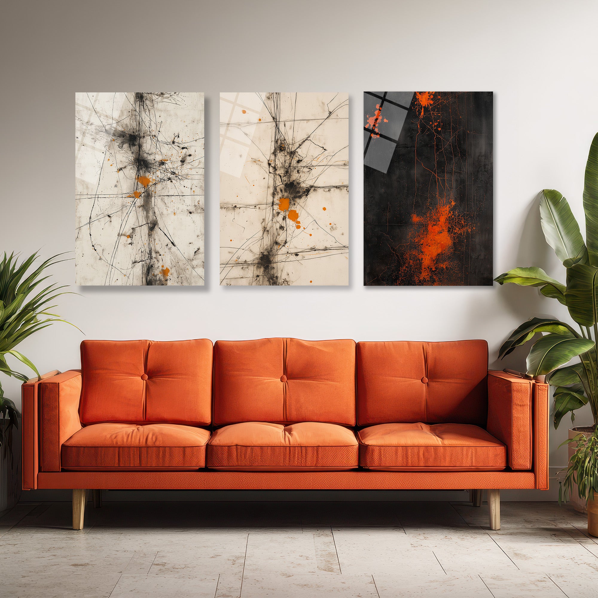Enerjik Sıçramalar Cam Tablo Üçlüsü - Modern Soyut Sanat Üçlü Set