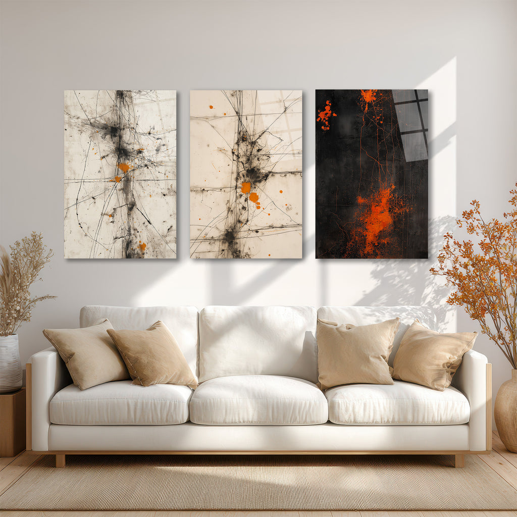 Enerjik Sıçramalar Cam Tablo Üçlüsü - Modern Soyut Sanat Üçlü Set