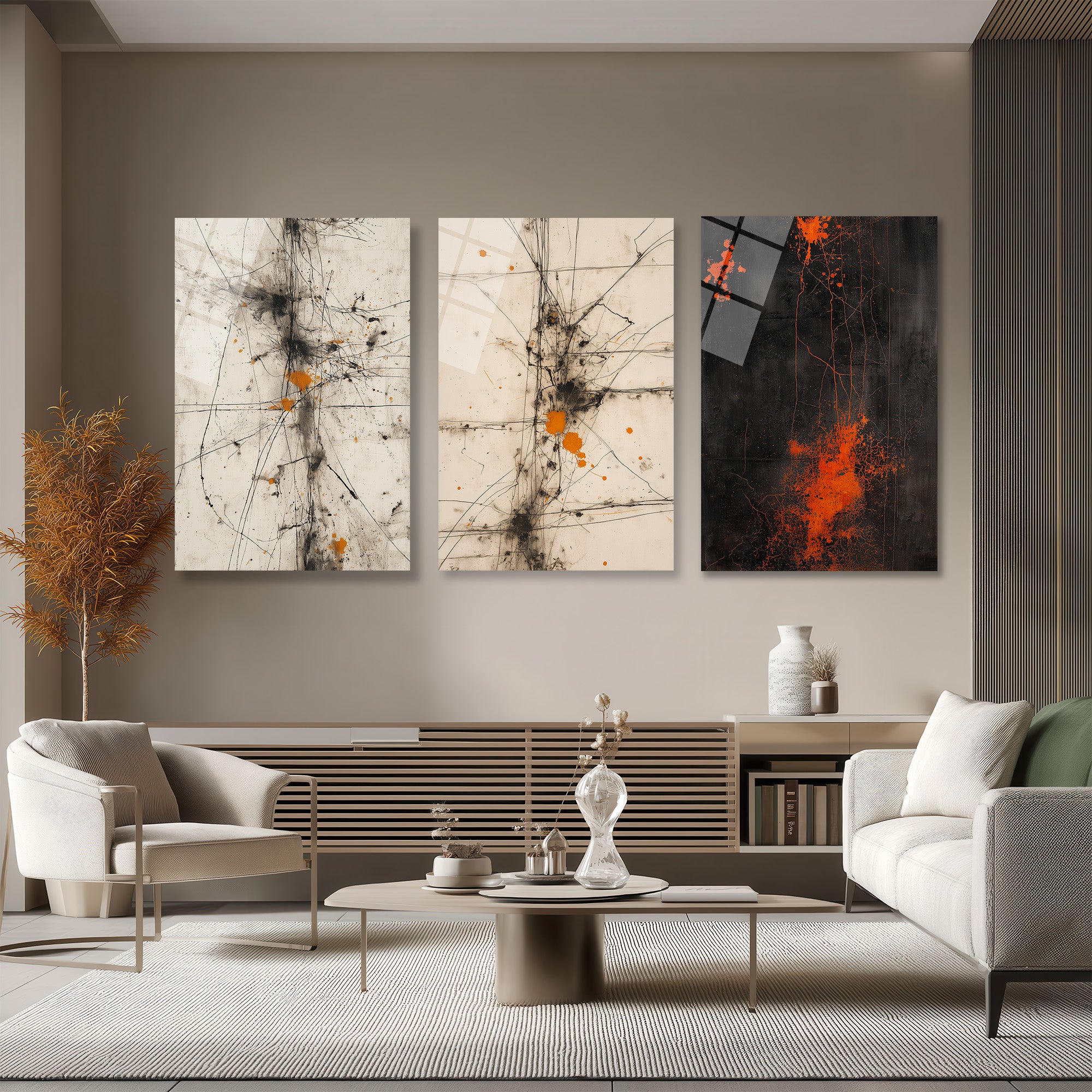 Enerjik Sıçramalar Cam Tablo Üçlüsü - Modern Soyut Sanat Üçlü Set