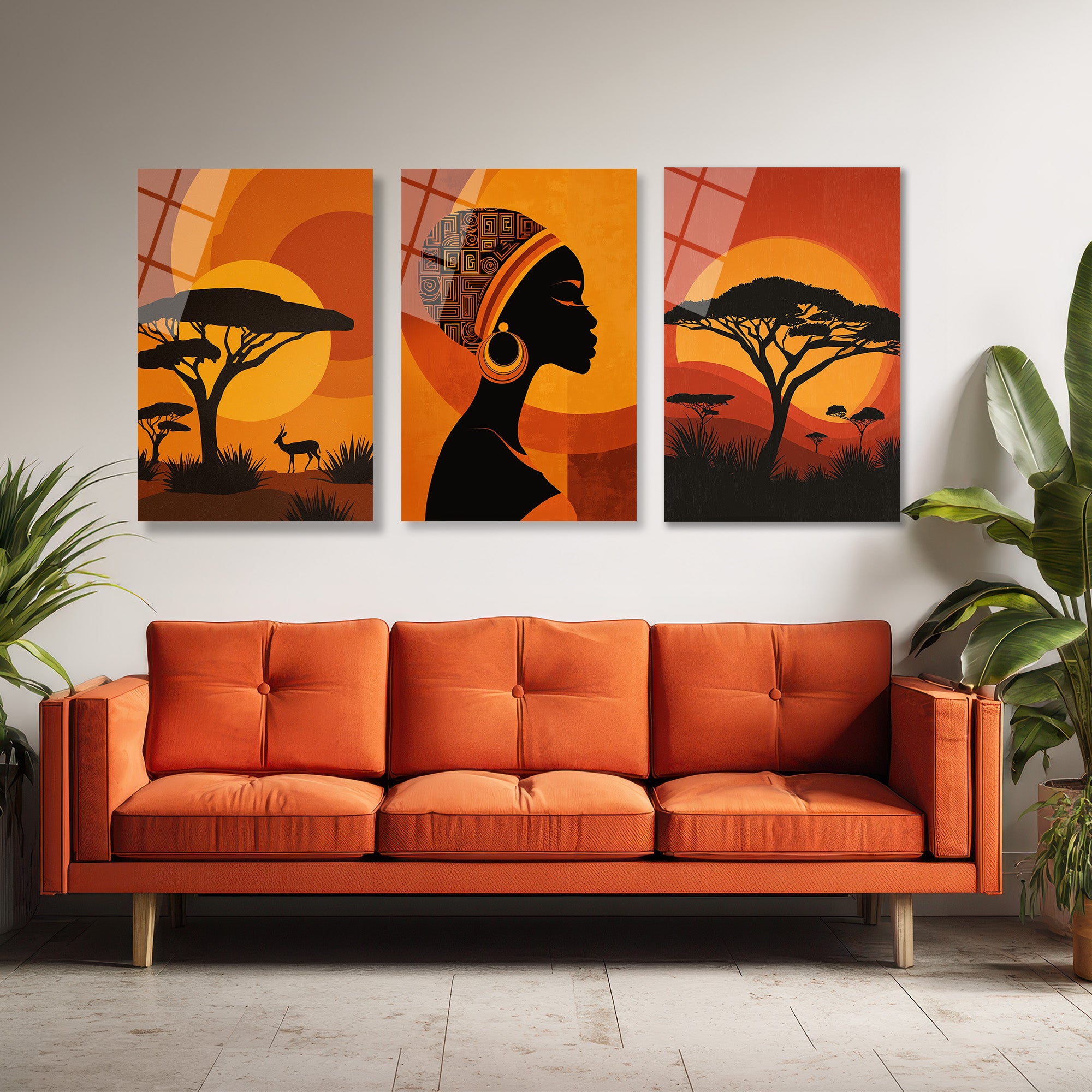 Afrika Gün Batımı Kadın Silüeti Üçlü Cam Tablo Seti Üçlü Set
