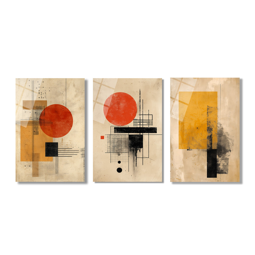 Bauhaus Etkili Soyut Geometrik Cam Tablo Seti - Modern Duvar Dekorasyonu Üçlü Set