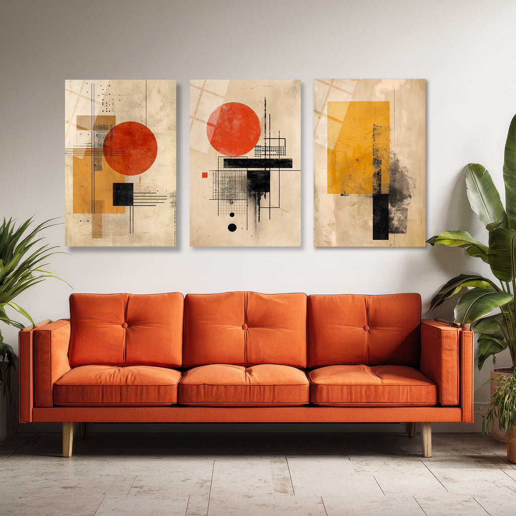 Bauhaus Etkili Soyut Geometrik Cam Tablo Seti - Modern Duvar Dekorasyonu Üçlü Set