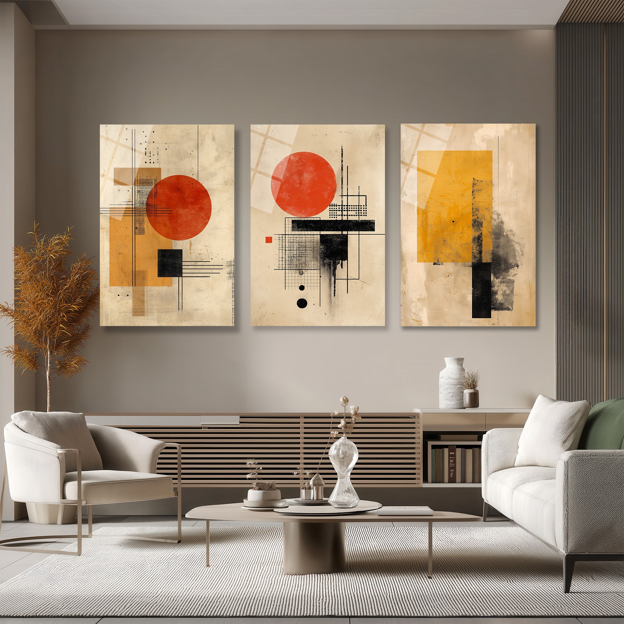 Bauhaus Etkili Soyut Geometrik Cam Tablo Seti - Modern Duvar Dekorasyonu Üçlü Set