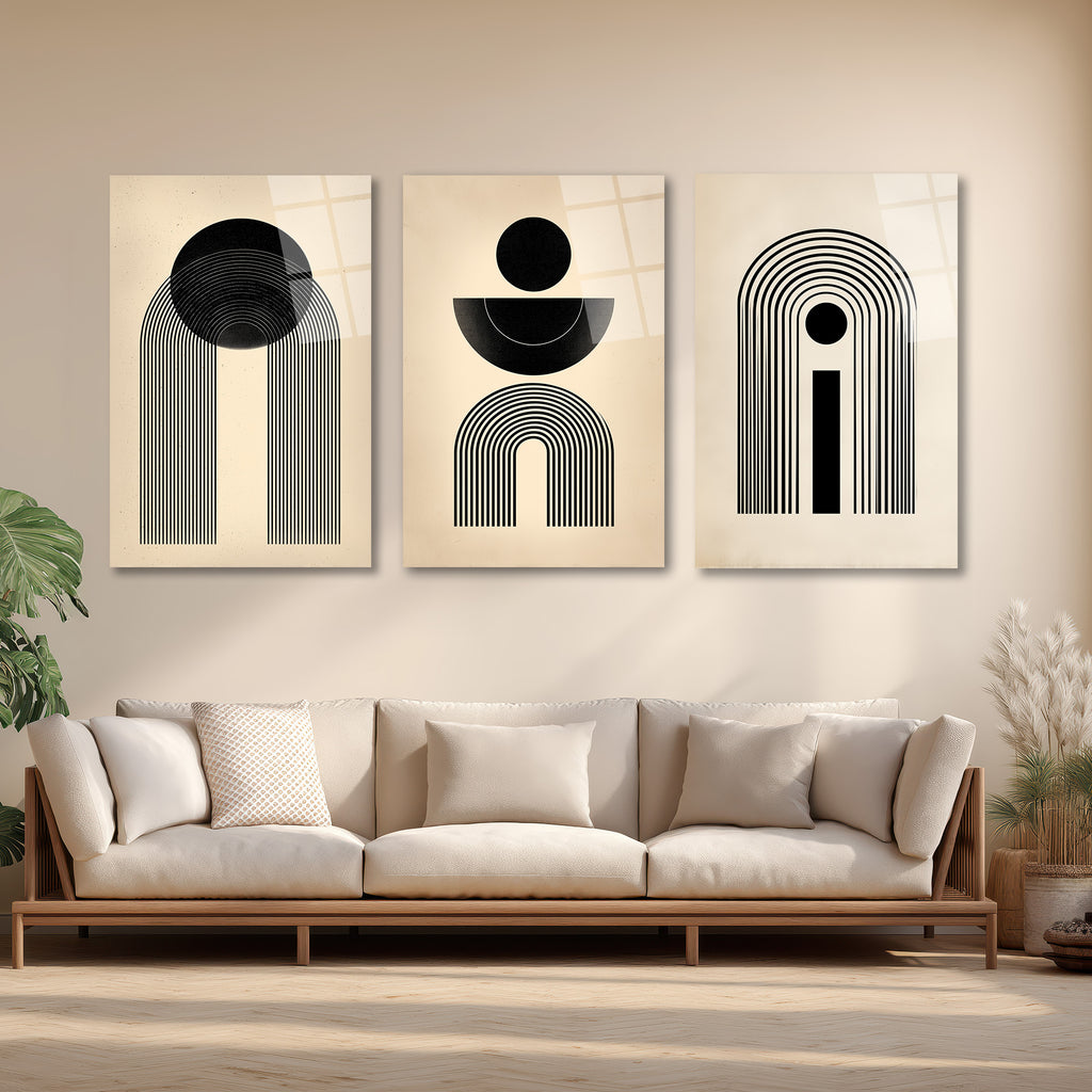 Modern Minimalist Geometrik Siyah Beyaz Cam Tablo Seti Üçlü Set