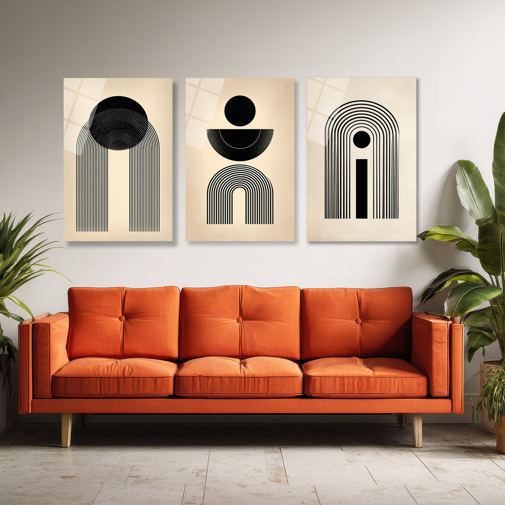 Modern Minimalist Geometrik Siyah Beyaz Cam Tablo Seti Üçlü Set