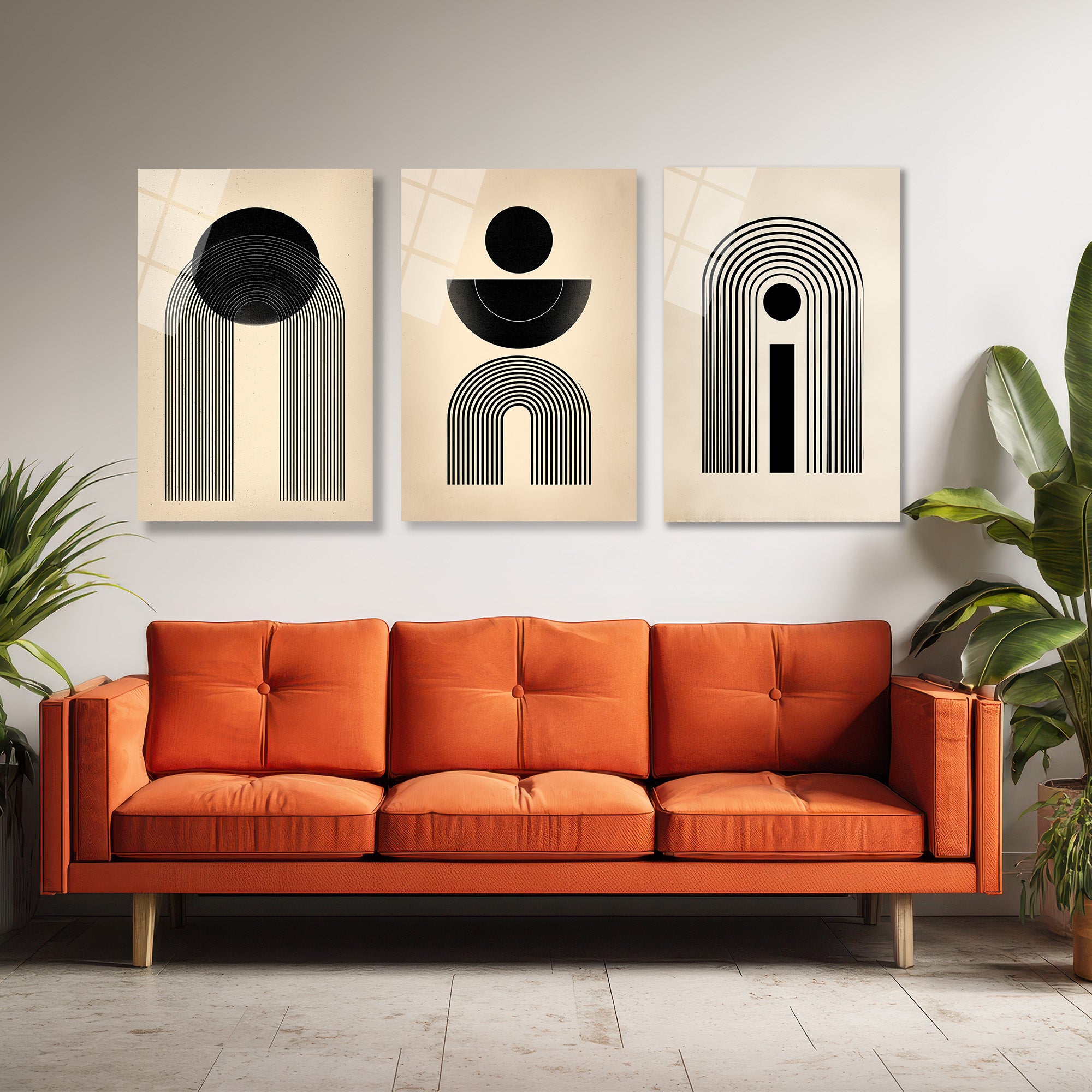 Modern Minimalist Geometrik Siyah Beyaz Cam Tablo Seti Üçlü Set