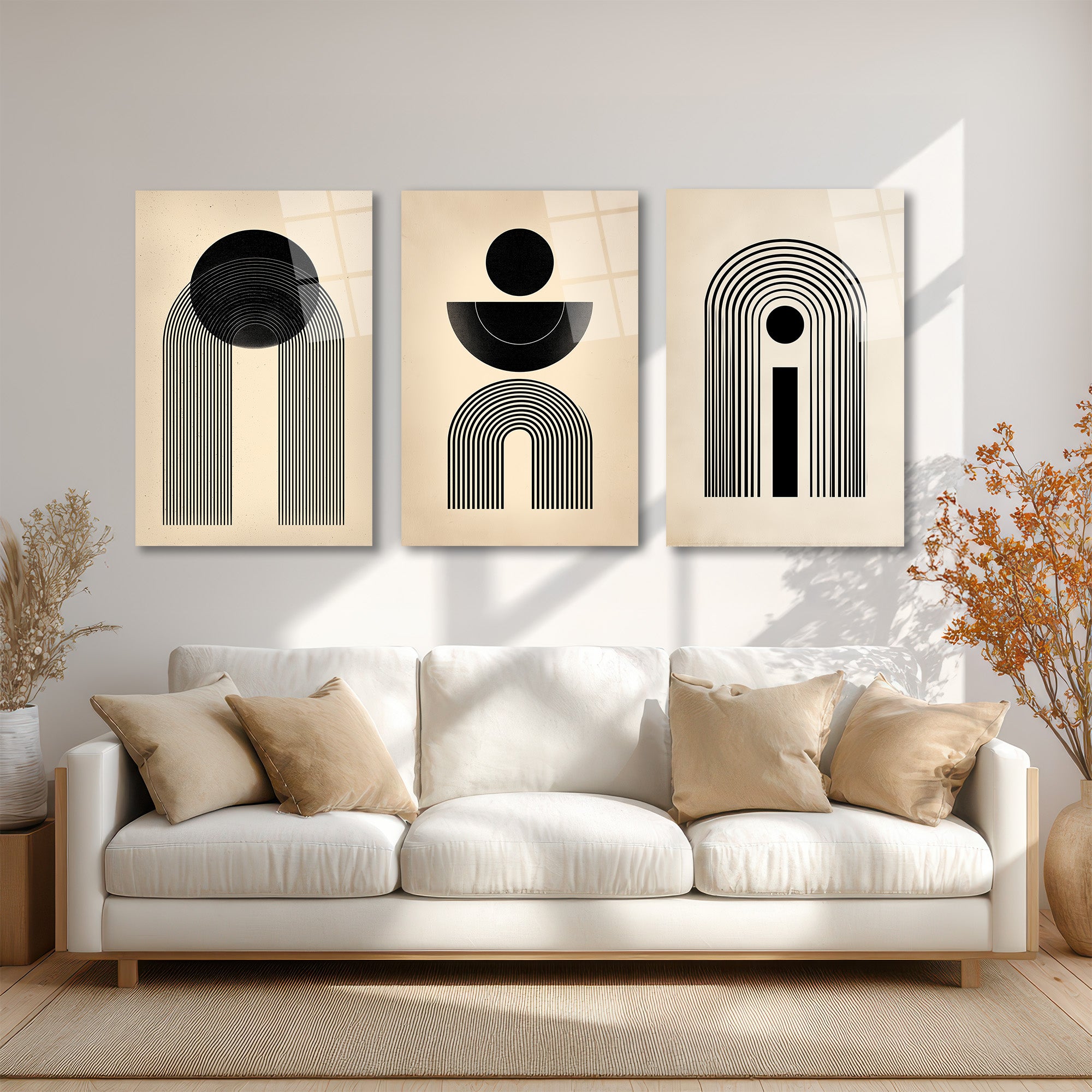 Modern Minimalist Geometrik Siyah Beyaz Cam Tablo Seti Üçlü Set