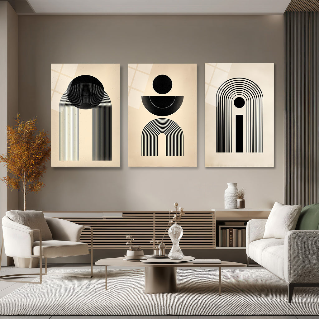 Modern Minimalist Geometrik Siyah Beyaz Cam Tablo Seti Üçlü Set