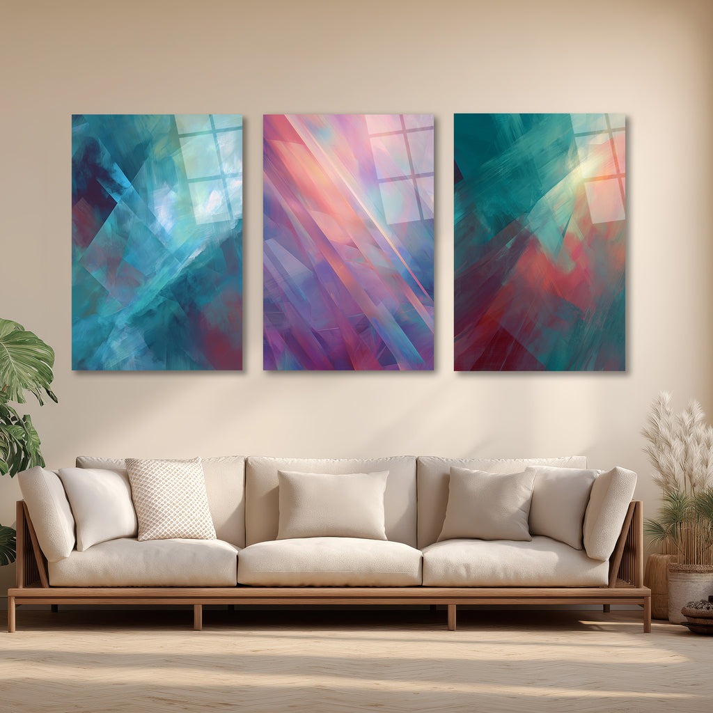 Soyut Renk Geçişleri Üçlü Cam Tablo Seti | Glazella Modern Sanat Üçlü Set