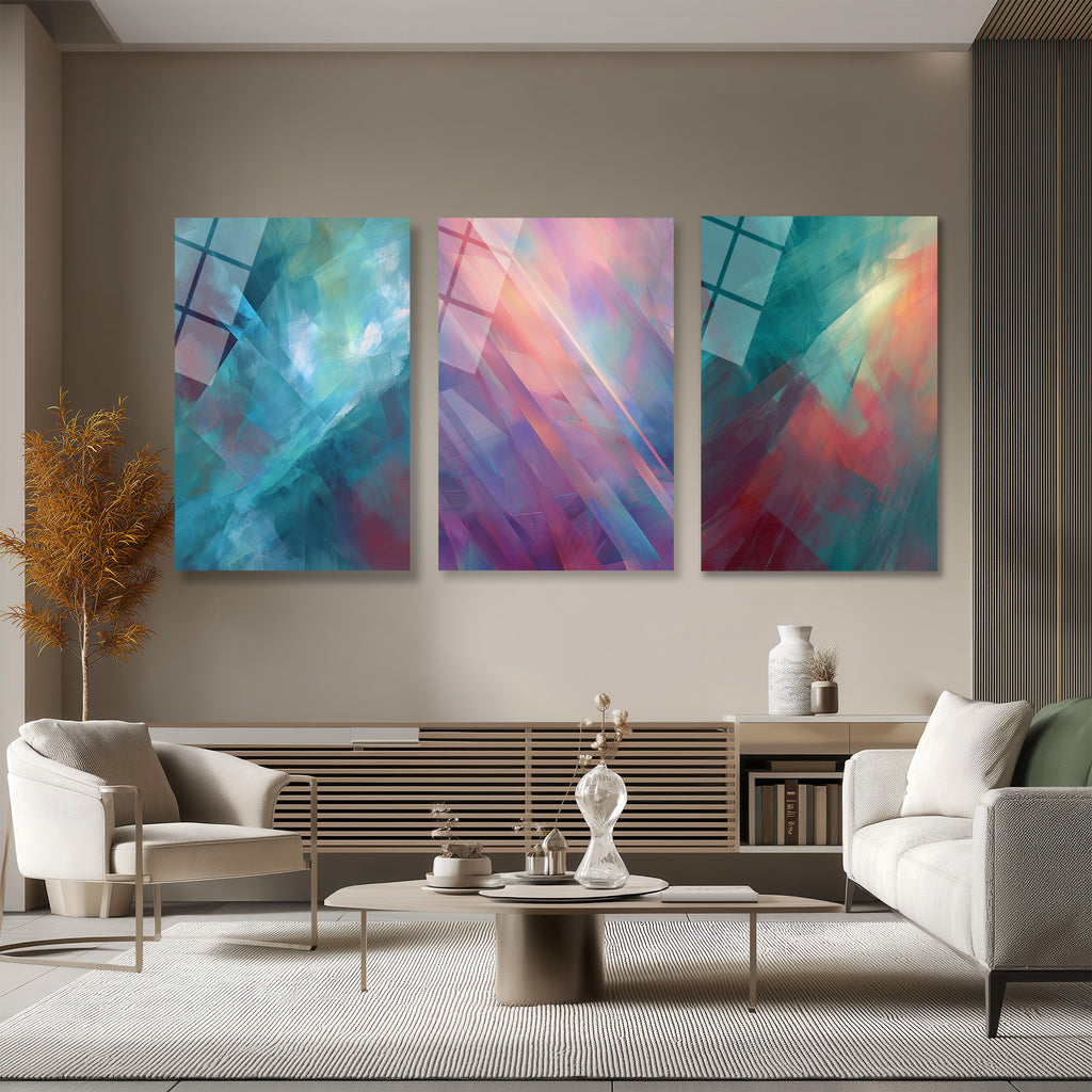Soyut Renk Geçişleri Üçlü Cam Tablo Seti | Glazella Modern Sanat Üçlü Set