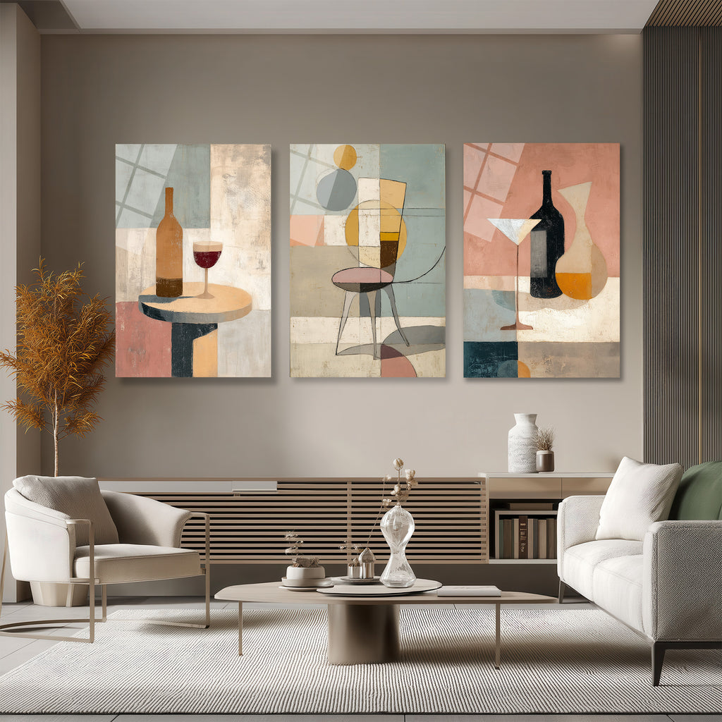 Soyut Sanatın Zarafeti: Modern Still Life Üçlü Cam Tablo Seti Üçlü Set