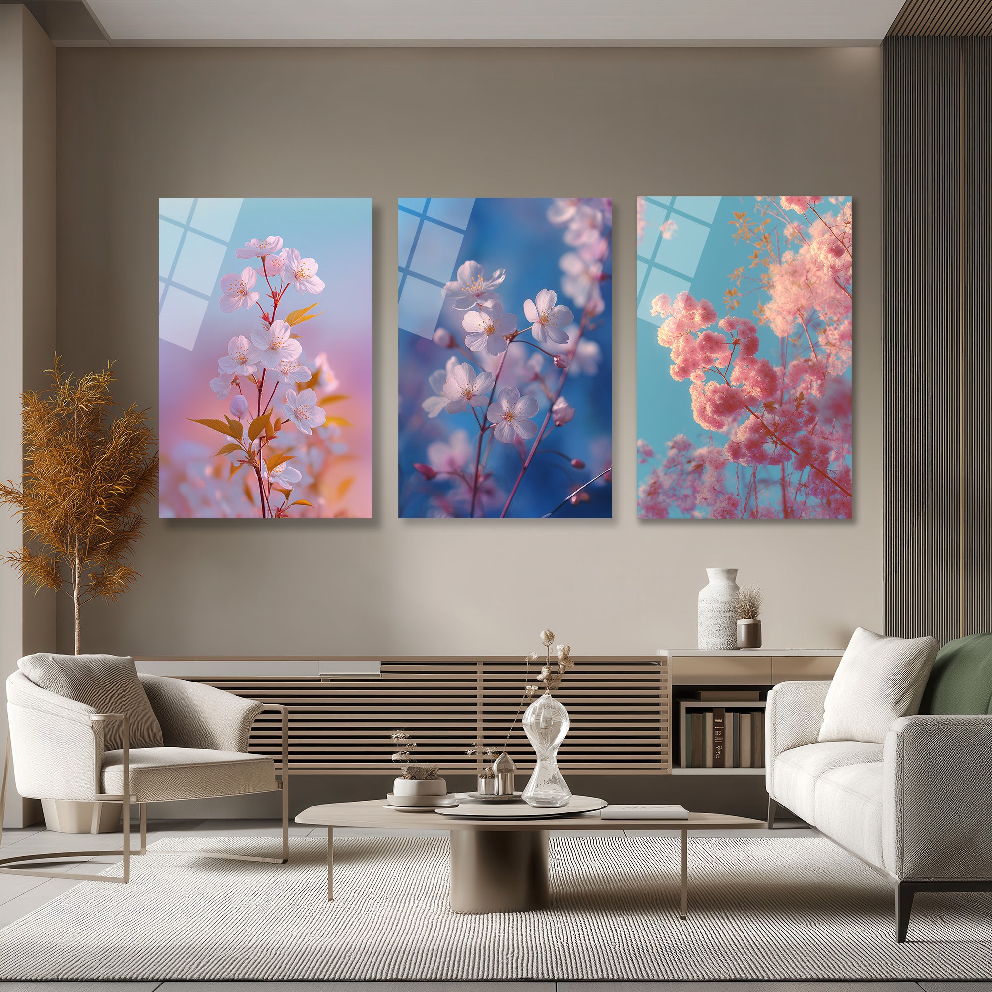 Bahar Çiçekleri Rüyası 3'lü Cam Tablo Seti - Modern Duvar Sanatı Üçlü Set