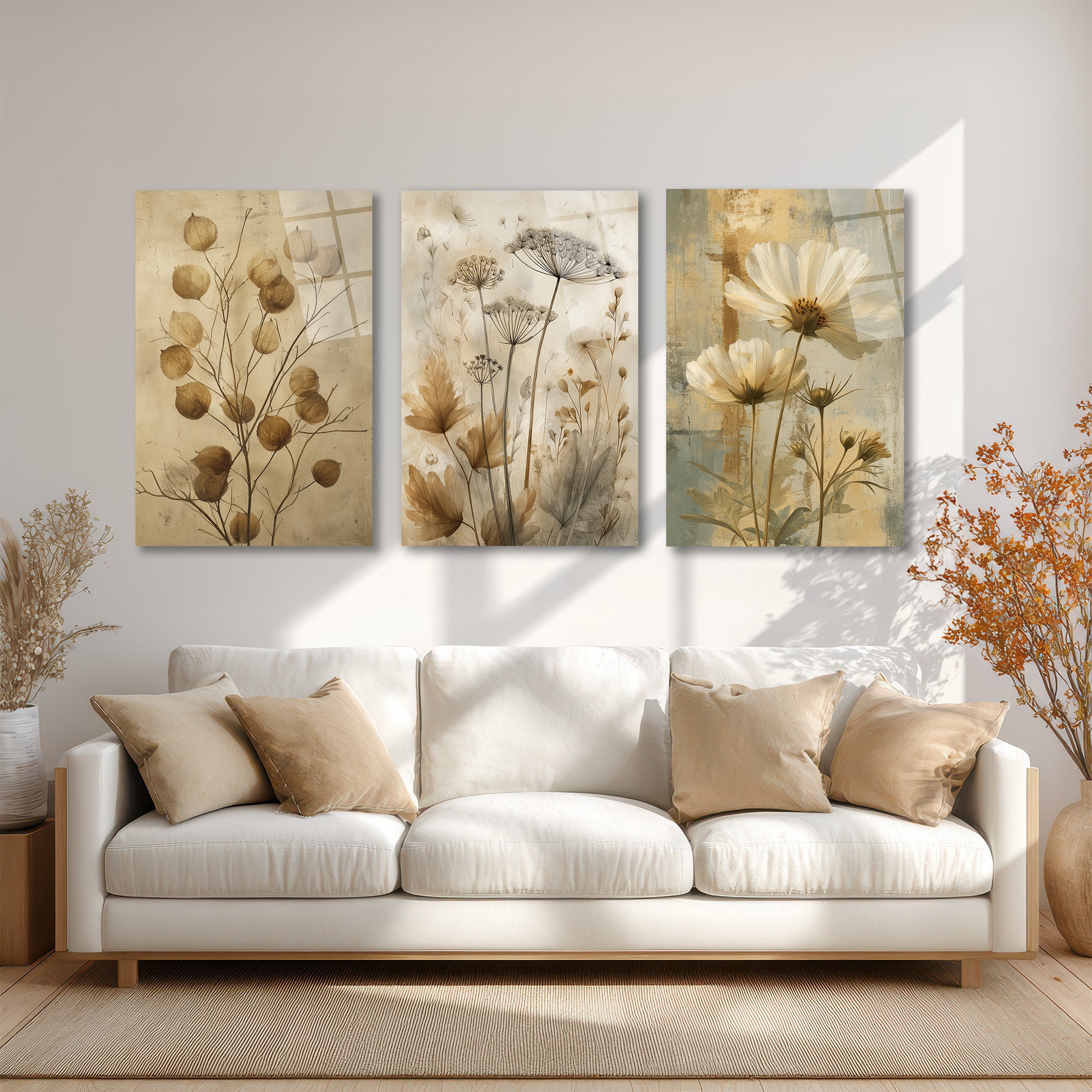 Doğanın Dokunuşu Botanik Cam Tablo Seti: Üçlü Sanat Koleksiyonu Üçlü Set