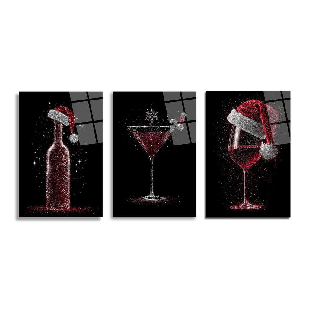 Siyah zeminde kırmızı ve gümüş parıltılarla işlenmiş, Noel şapkaları takan şarap şişesi, martini kadehi ve şarap kadehinden oluşan üçlü cam tablo seti. Yılbaşı ve kutlama temalı, ışıltılı içecek figürleri.