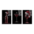 Siyah zeminde kırmızı ve gümüş parıltılarla işlenmiş, Noel şapkaları takan şarap şişesi, martini kadehi ve şarap kadehinden oluşan üçlü cam tablo seti. Yılbaşı ve kutlama temalı, ışıltılı içecek figürleri.