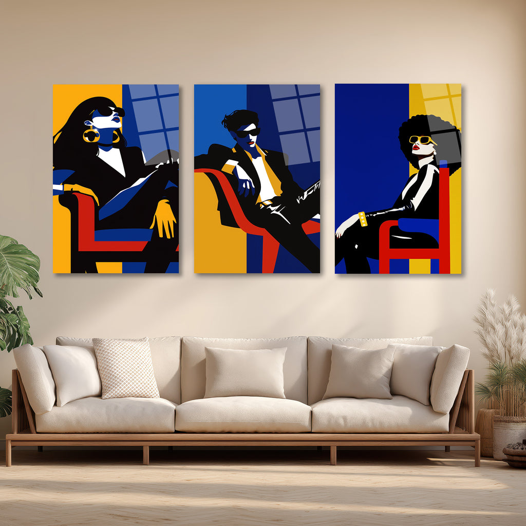 Modern Şıklık Üçlü Figür Pop Art Cam Tablo Seti Üçlü Set