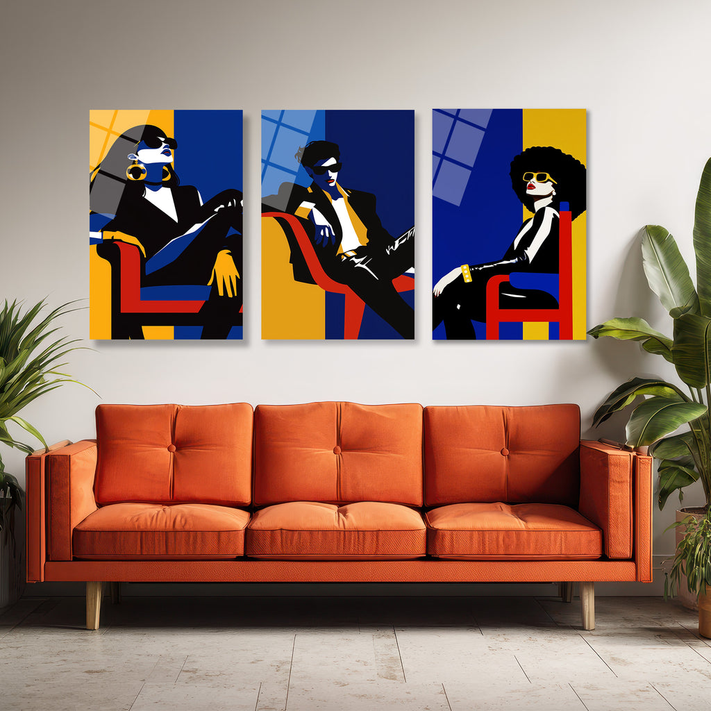 Modern Şıklık Üçlü Figür Pop Art Cam Tablo Seti Üçlü Set