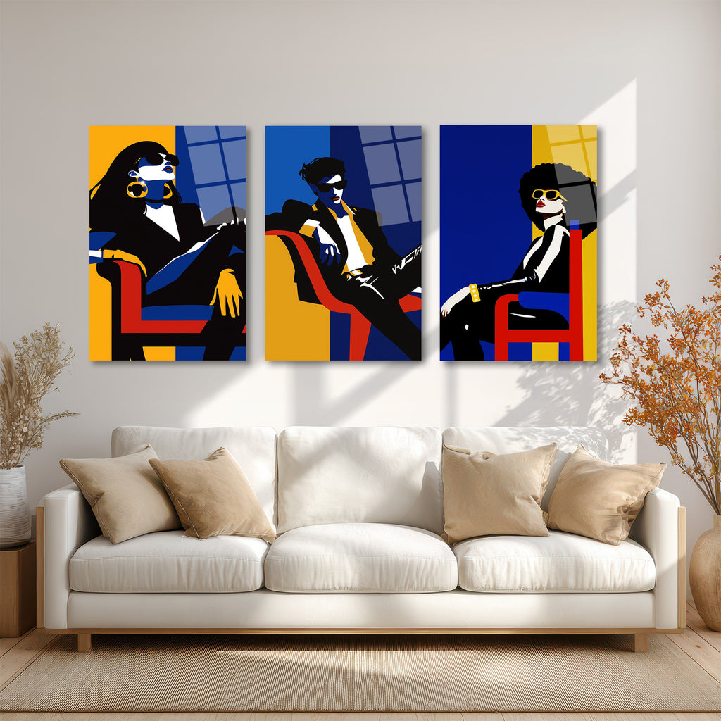 Modern Şıklık Üçlü Figür Pop Art Cam Tablo Seti Üçlü Set