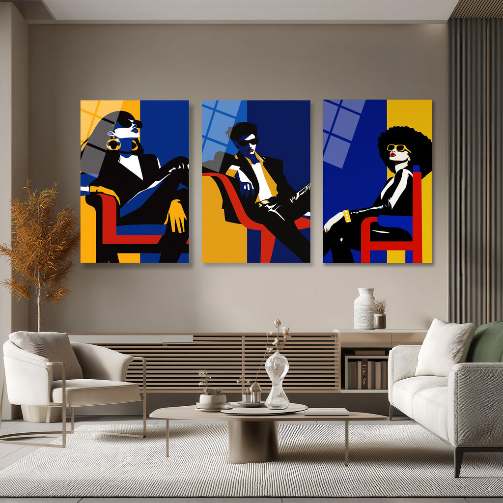Modern Şıklık Üçlü Figür Pop Art Cam Tablo Seti Üçlü Set