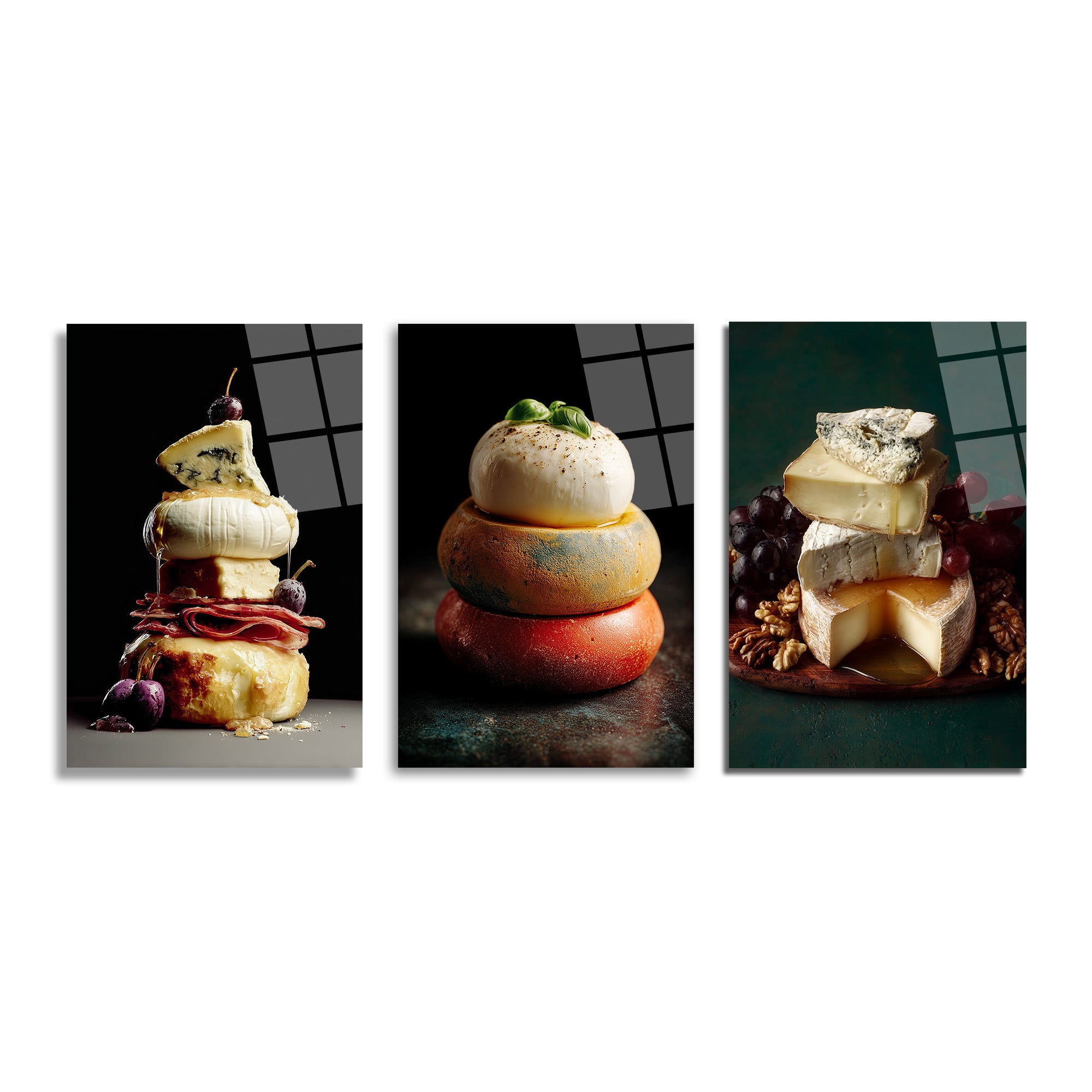Üç parçalı cam tablo seti, farklı peynir çeşitleri, üzüm, kiraz, ceviz ve fesleğen içeren zengin bir gastronomi sunumu. Koyu arka planlar üzerinde doğal ışıklandırma ile çekilmiş detaylı fotoğraflar.