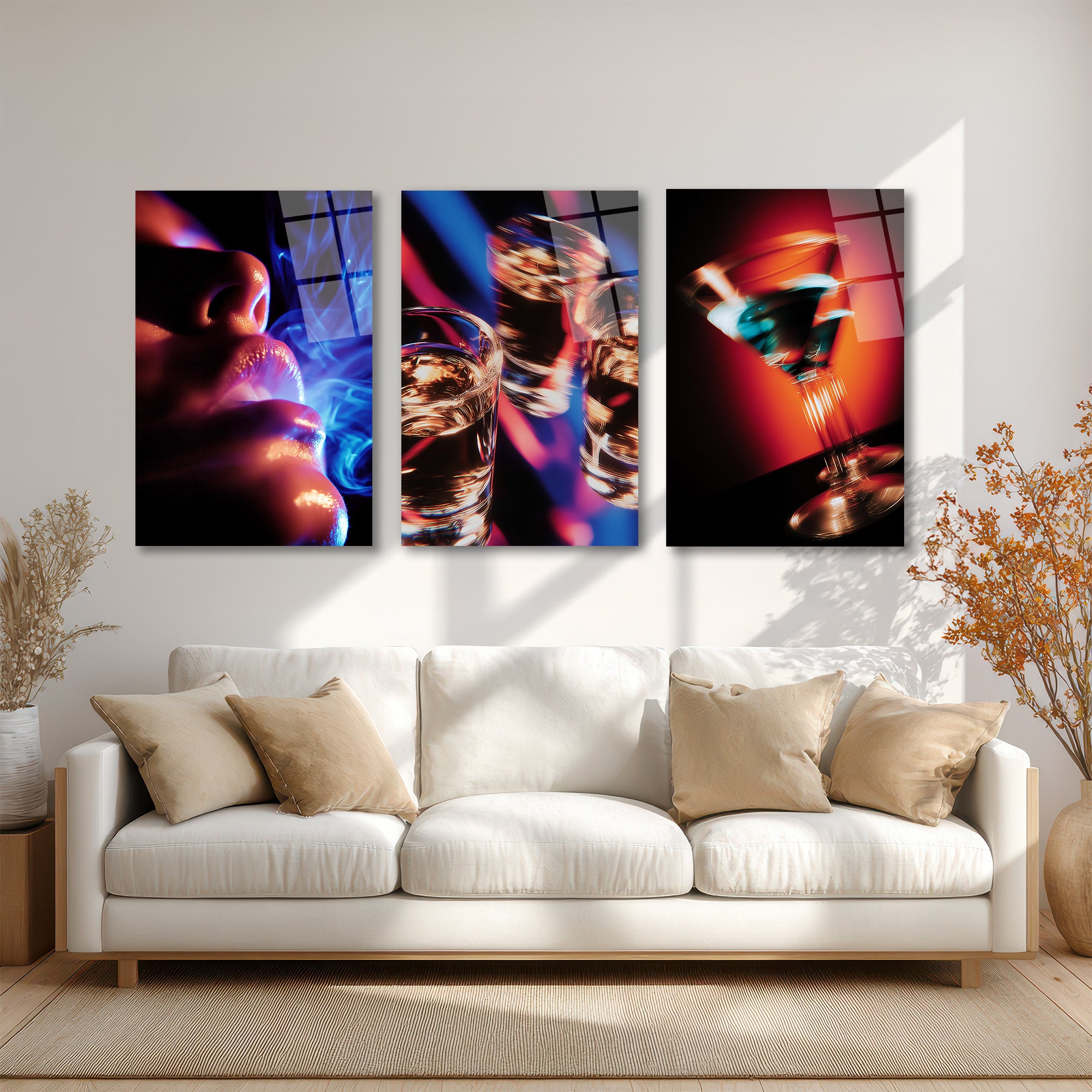 Gece Hayatı Ruhu: Neon Işıklı Kokteyl ve Dudaklar 3'lü Cam Tablo Seti Üçlü Set