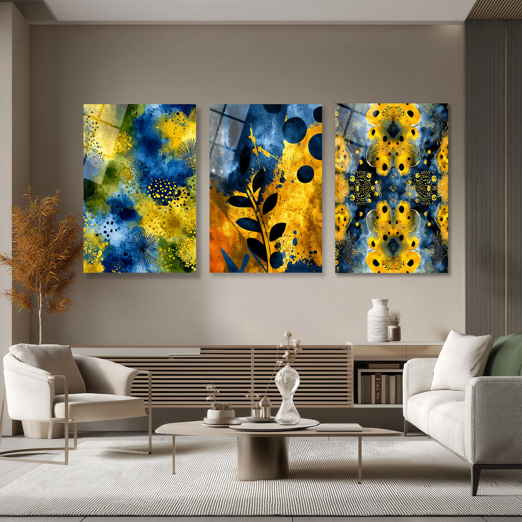 Dinamik Soyut Sanat Sarı Mavi Üçlü Cam Tablo Seti Üçlü Set