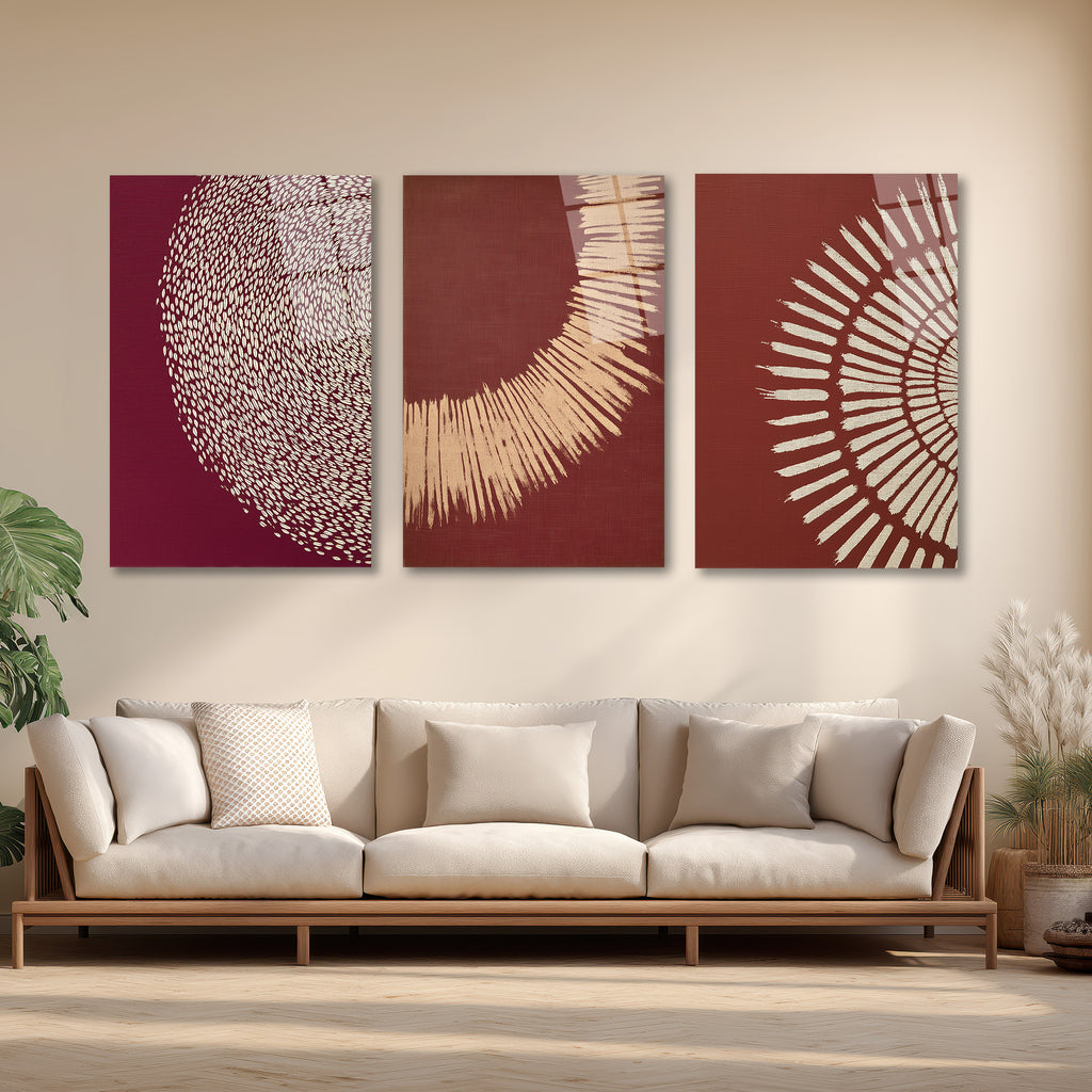 Etnik Modern Sanat Cam Tablo Seti - 3 Parça Duvar Dekorasyonu Üçlü Set